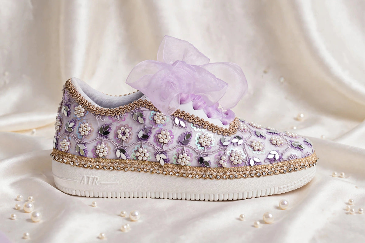 “Purple Bridal Sneakers with Mirror detailing– Floral Embroidery”