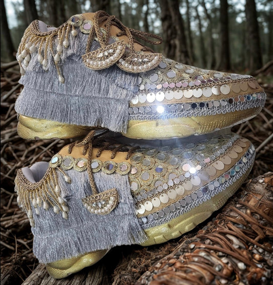 FUNKY N TRENDY dual theme gold silver sneakers for brides / silver sneakers for bridesmaids/ handcrafted sneakers/ golden sneakers / bridal sneakers / bridesmaid sneakers/ golden hand work sneakers