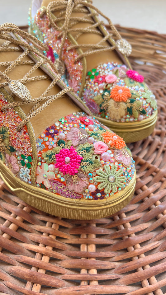 FUNKY N TRENDY fully hand crafted floral work with beads rhinestones cutdana etc /bridal sneakers / bridesmaid sneakers/ floral sneakers /colorful sneakers /bridal shoes / haldi mahendi shoes/ gold sneakers