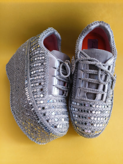 FUNKY N TRENDY Silver Mirror work sneakers - wedge sneakers heeled sneakers/ silver sneakers