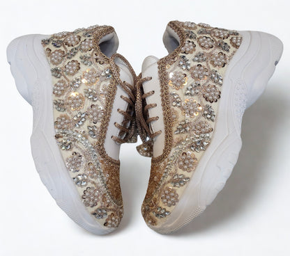 FUNKY N TRENDY rose gold/ tan peach/gold sneakers with pearl detailing for brides / bridesmaids/ ivory sneakers / beige sneakers / tan peach shoes/ rose gold sneakers / rose gold shoes