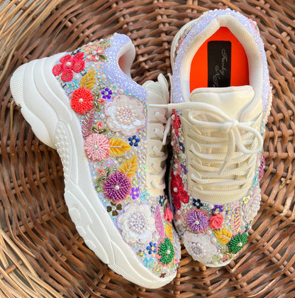 FUNKY N TRENDY fully hand crafted purple floral work with beads rhinestones cutdana etc /bridal sneakers / bridesmaid sneakers/ floral sneakers /colorful sneakers /bridal shoes / haldi mahendi shoes/ carnival sneakers / lilac levender sneakers