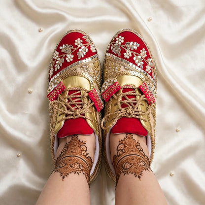FUNKY N TRENDY red and gold sneakers for brides /bridesmaids / sneakers for bridesmaids/ handcrafted sneakers/ gold sneakers / bridal sneakers / bridesmaid sneakers/ gold sneakers / red shoes/ megenta shoes/ hot pink sneakers