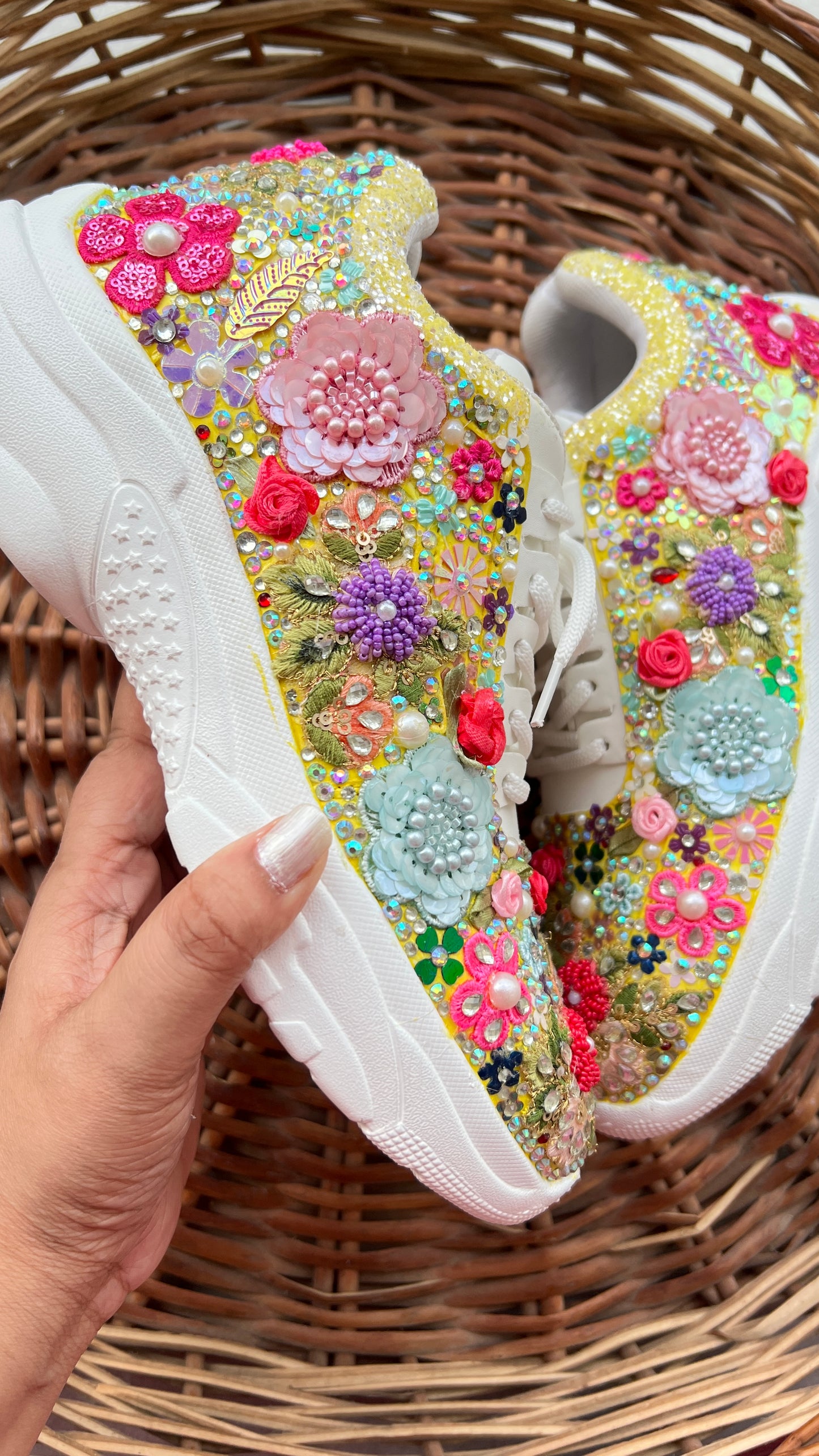 FUNKY N TRENDY “Yellow Pastel Garden Handcrafted Sneakers – Floral Magic”