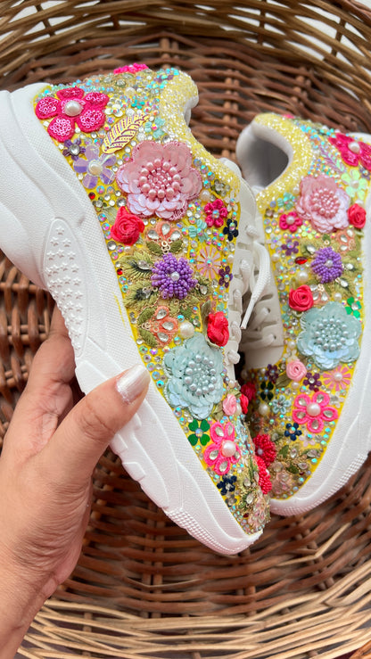 FUNKY N TRENDY “Yellow Pastel Garden Handcrafted Sneakers – Floral Magic”