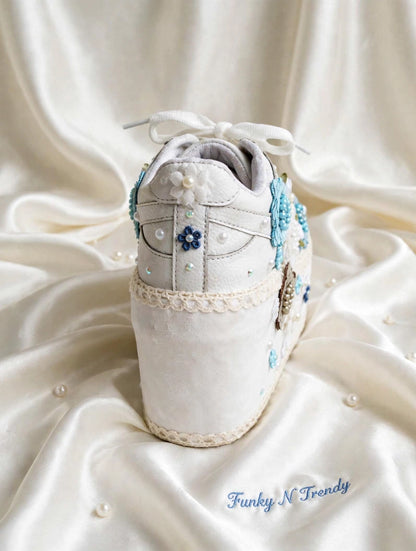 Princess Blue Floral Embroidered Platform Bridal Sneakers - White Wedding Sneakers for Bride