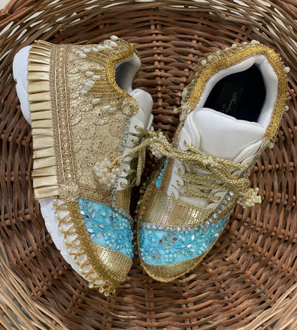 FUNKY N TRENDY sky blue and golden bridal sneakers / bridesmaid sneakers