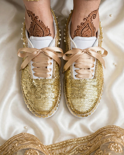 FUNKY N TRENDY handcrafted golden sequine work bridal sneakers / bridesmaid sneakers/ gold sneakers / golden sneakers / sequine work sneakers / gold shoes