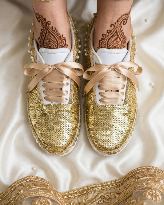 FUNKY N TRENDY handcrafted golden sequine work bridal sneakers / bridesmaid sneakers/ gold sneakers / golden sneakers / sequine work sneakers / gold shoes