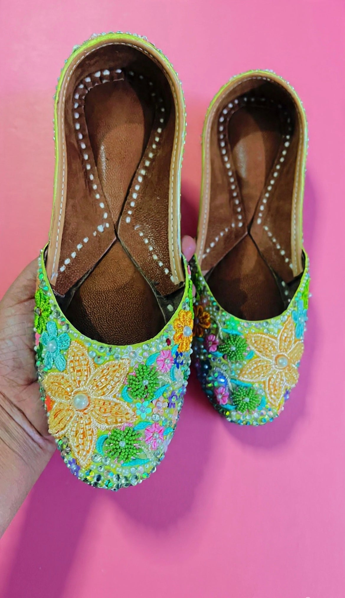 FUNKY N TRENDY “Green Pastel Garden Handcrafted Juttis – Floral Magic” - Green Carnival juttis
