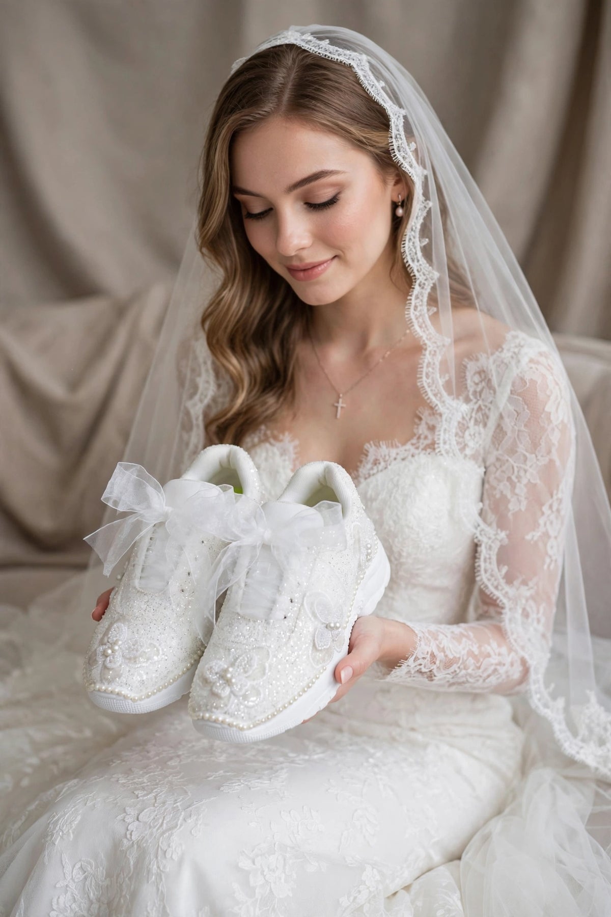 Celeste - Butterfly Pearl Bridal Sneakers with Organza Bow