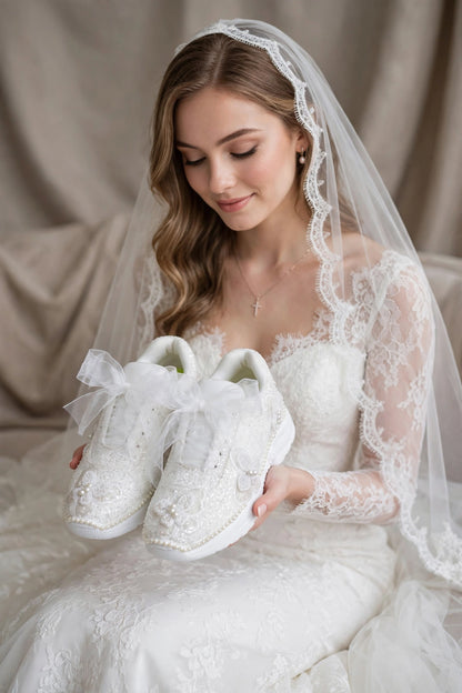 Celeste - Butterfly Pearl Bridal Sneakers with Organza Bow