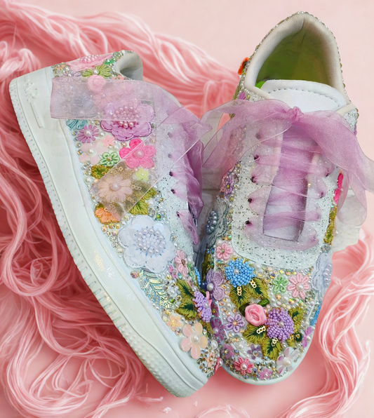 FUNKY N TRENDY fully hand crafted floral work with beads rhinestones cutdana/bridal sneakers / bridesmaid sneakers/ floral sneakers /colorful sneakers /bridal shoes / haldi mahendi shoes/ multi color shoes / pastel sneakers