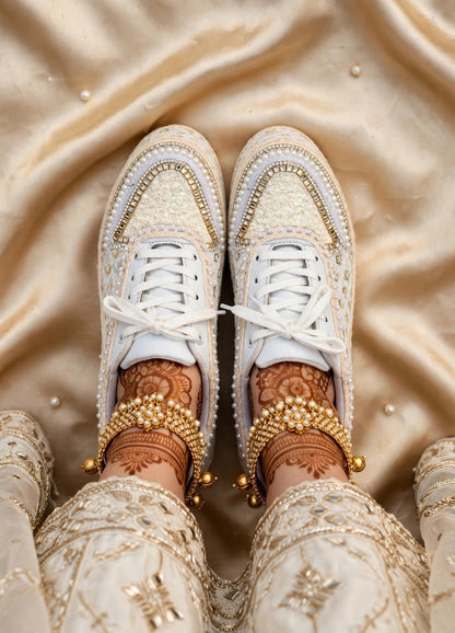 Handcrafted Bridal Sneakers for Brides – Wedding Shoes | Funky N Trendy | Ivory wedges | ivory sneakers