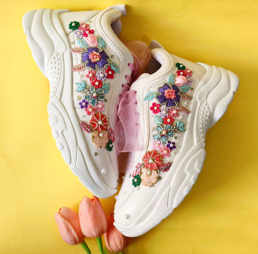 FUNKY N TRENDY “Pastel Garden Handcrafted Sneakers – Floral Magic” with customized wedding date / name initials