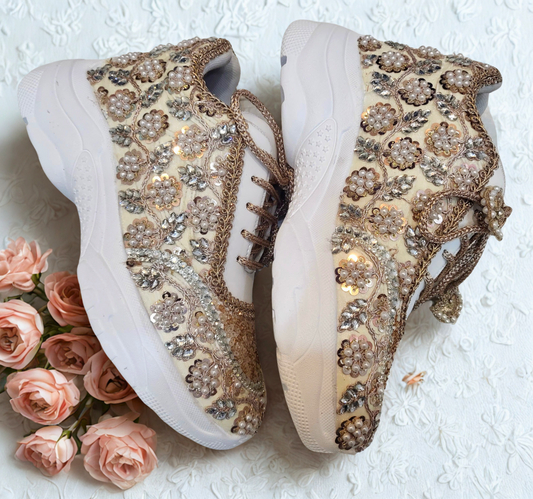 FUNKY N TRENDY rose gold/ tan peach/gold sneakers with pearl detailing for brides / bridesmaids/ ivory sneakers / beige sneakers / tan peach shoes/ rose gold sneakers / rose gold shoes