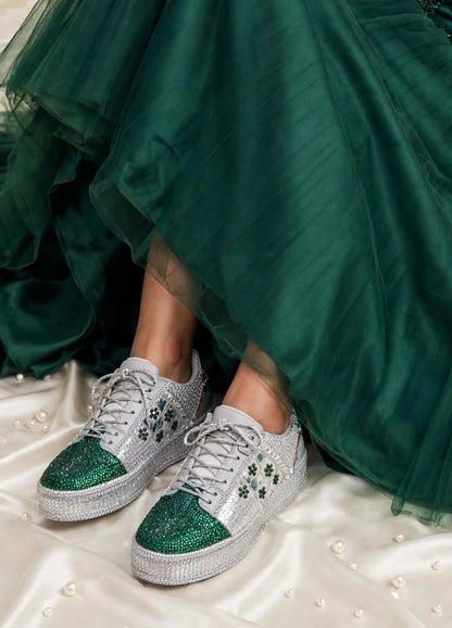 Silver Green Rhinestone Magic - Bridal Platform Sneakers | Silver Wedge Sneakers for Engagement or Sangeet