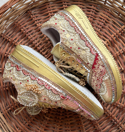 Funky N Trendy Maroon & Gold embroidery work bridal sneakers/ bridesmaid sneaker / golden sneakers/ Maroon sneakers / gold shoes