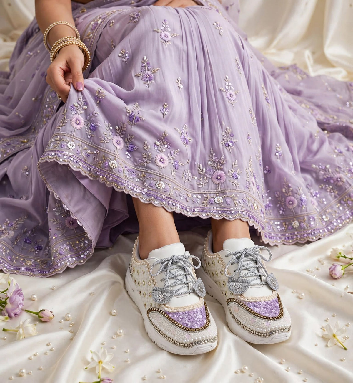 Funky N Trendy ivory and purple embroidery work bridal sneakers/ bridesmaid sneaker / lavender sneakers/ lilac sneakers / sequine work sneakers/ purple shoes/ silver sneakers