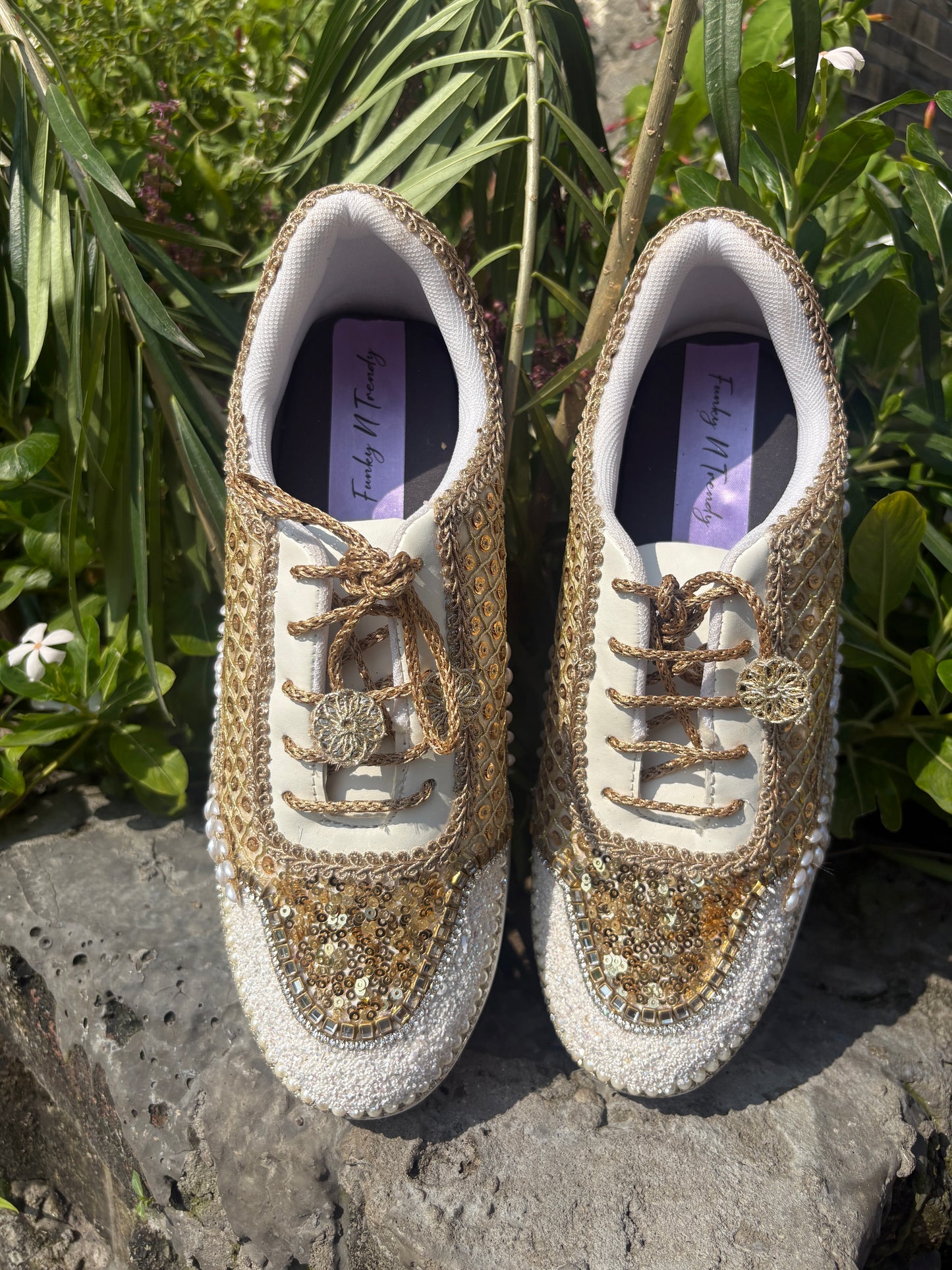 Funky N Trendy dull gold embroidered sequine work sneakers with mirror detailing / bridal sneakers/ sneaker for bride / white sneakers/ pearl sneakers for bride