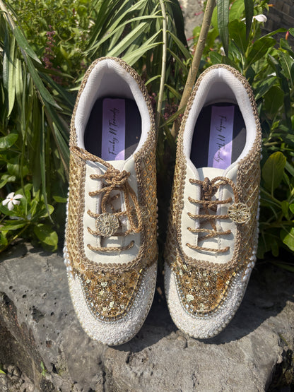 Funky N Trendy dull gold embroidered sequine work sneakers with mirror detailing / bridal sneakers/ sneaker for bride / white sneakers/ pearl sneakers for bride