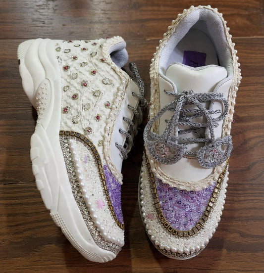 Funky N Trendy ivory and purple embroidery work bridal sneakers/ bridesmaid sneaker / lavender sneakers/ lilac sneakers / sequine work sneakers/ purple shoes/ silver sneakers