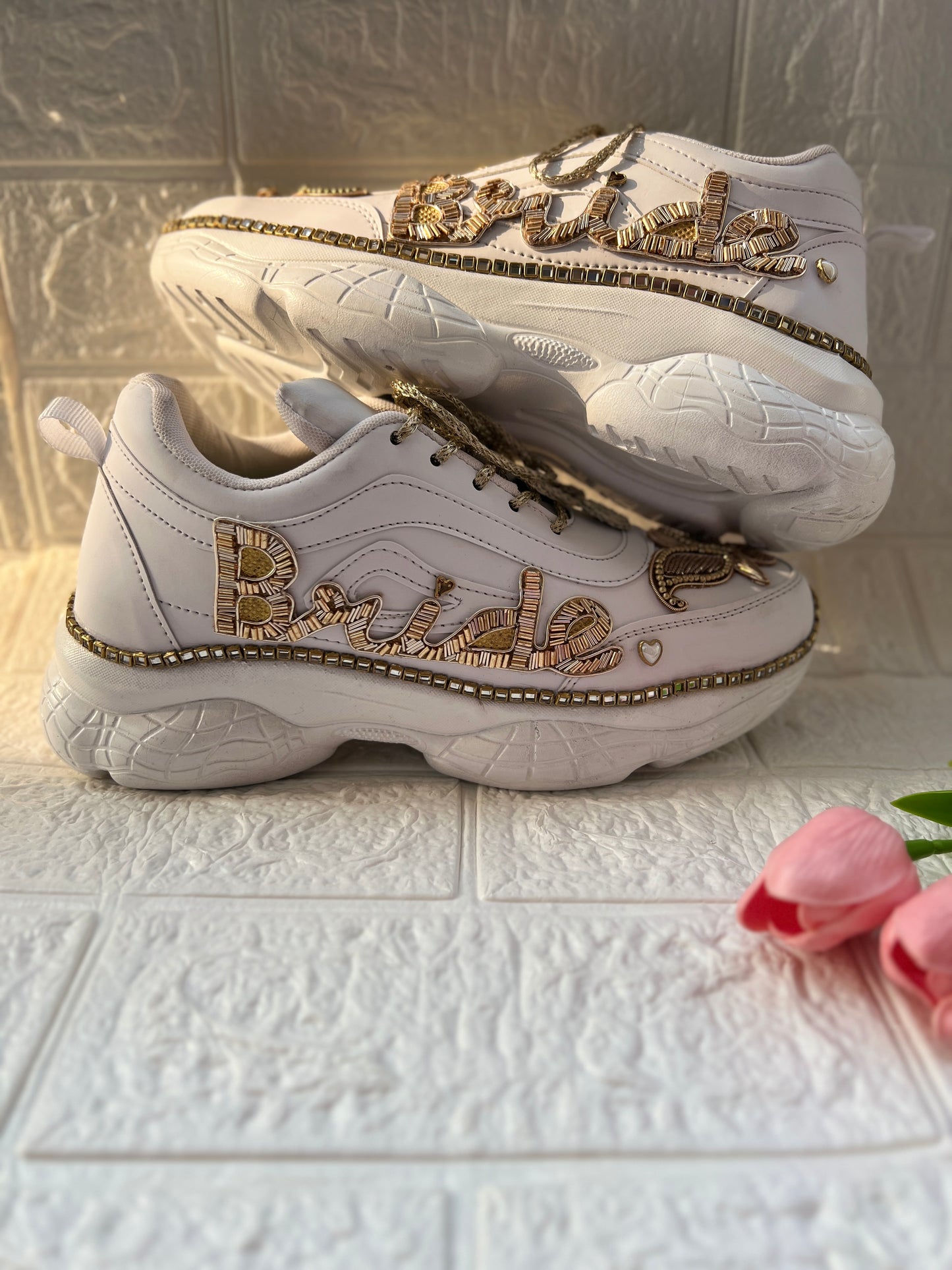Funky N Trendy hand embroidered Bride word with zardozi and cutdana / bridal sneakers/ sneaker for bride / zardozi sneakers/ golden sneakers for bride / custom wedding date and hashtag