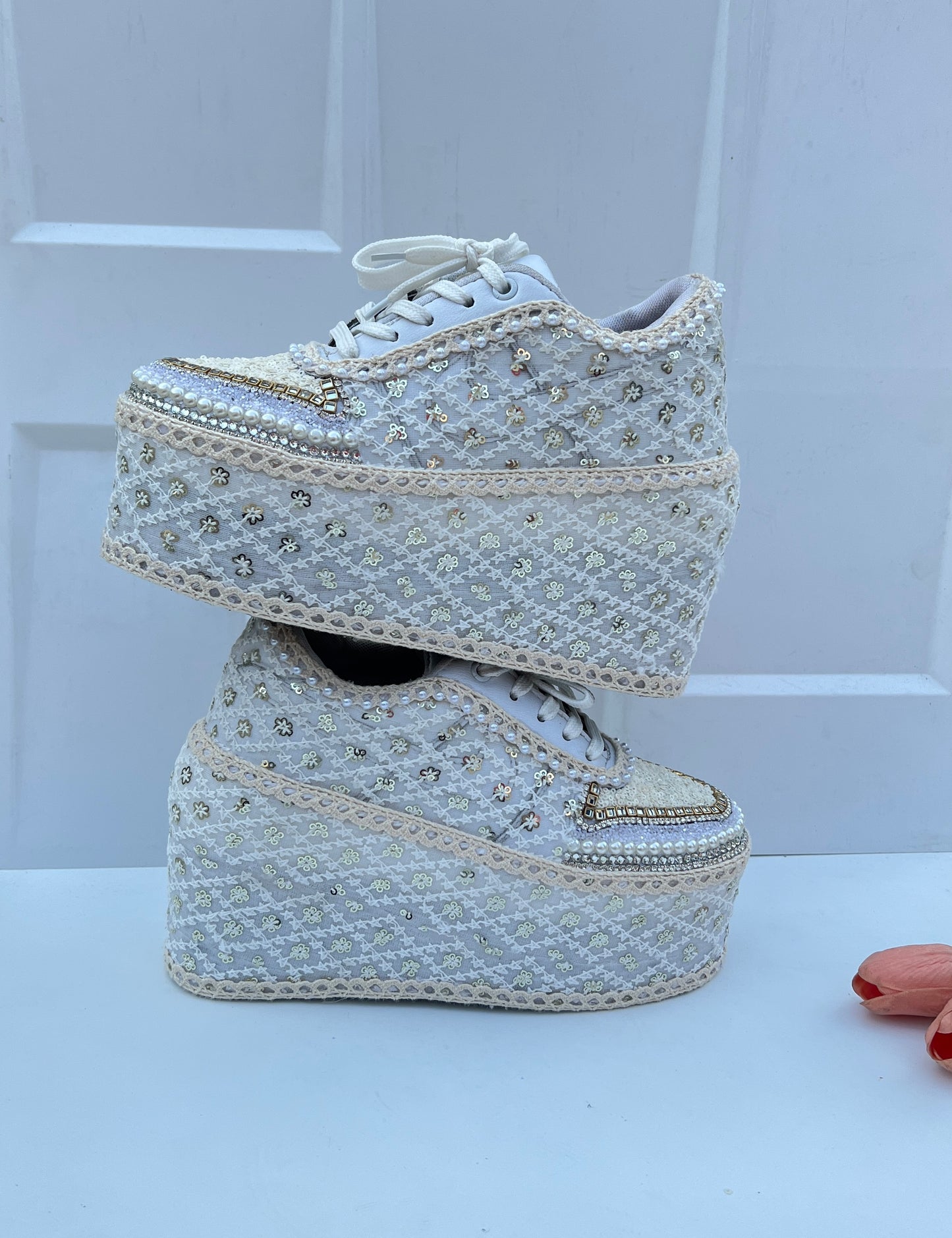 Handcrafted Bridal Sneakers for Brides – Wedding Shoes | Funky N Trendy | Ivory wedges | ivory sneakers