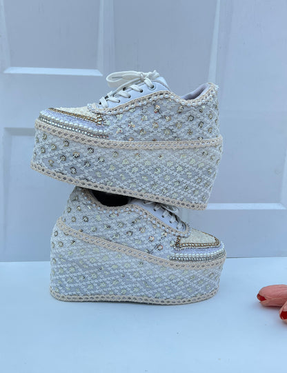 Handcrafted Bridal Sneakers for Brides – Wedding Shoes | Funky N Trendy | Ivory wedges | ivory sneakers
