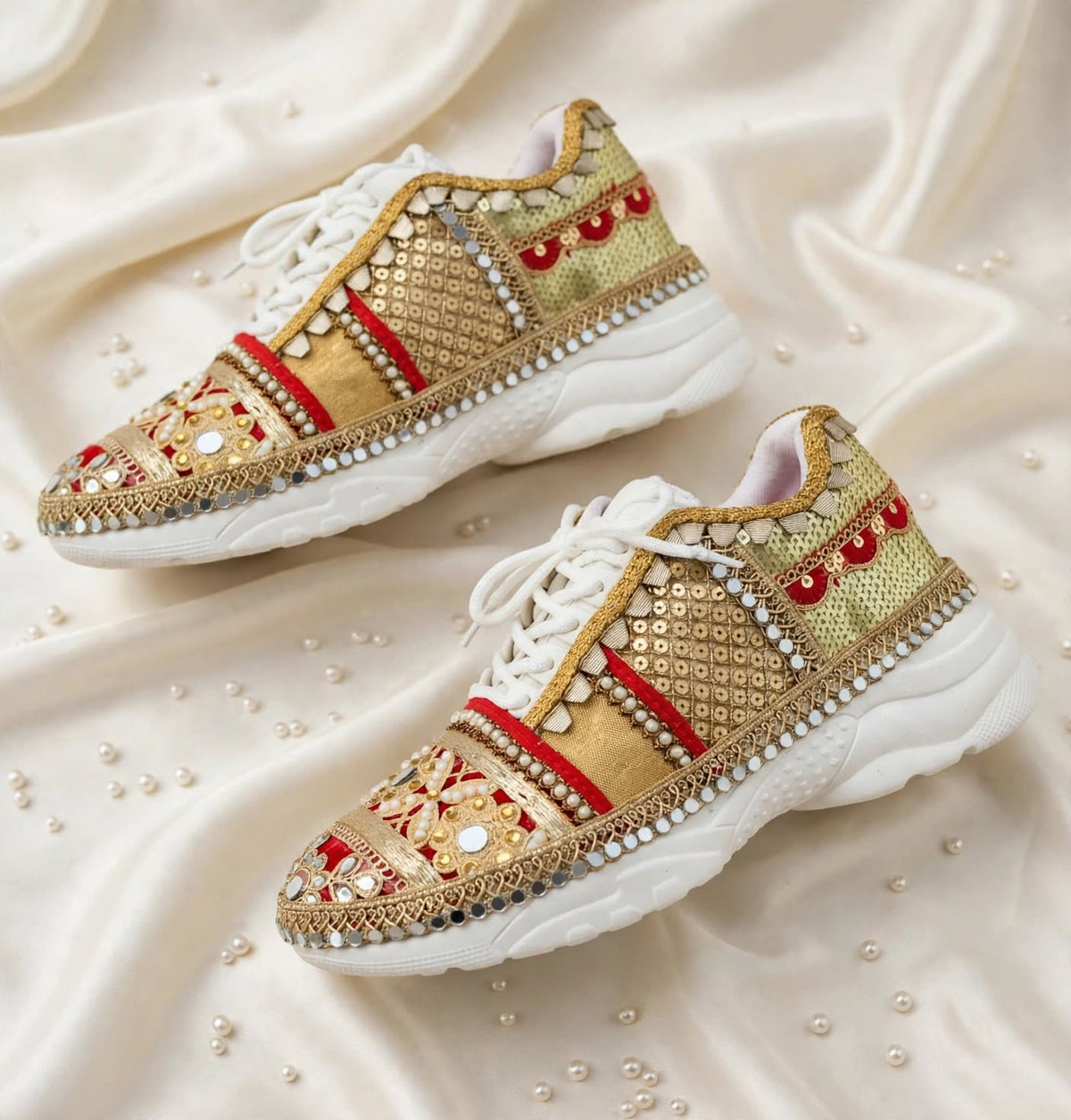 FUNKY N TRENDY red and gold sneakers for brides /bridesmaids / sneakers for bridesmaids/ handcrafted sneakers/ gold sneakers / bridal sneakers / bridesmaid sneakers/ gold sneakers / red shoes