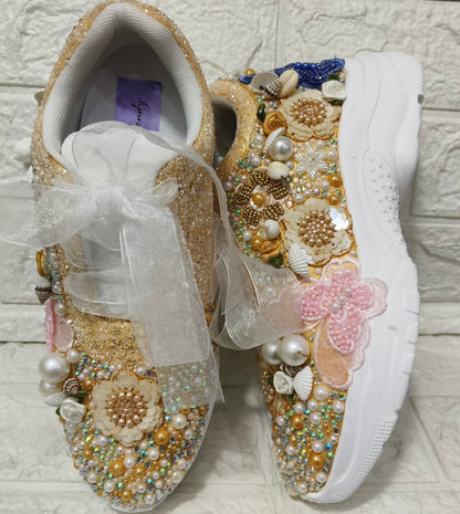 FUNKY N TRENDY gold pink blue butterfly embroidery sneakers for brides /gold embroidered sneakers/ handcrafted sneakers/ butterfly sneakers / bridal sneakers / bridesmaid sneakers/ gold and pink hand work sneakers
