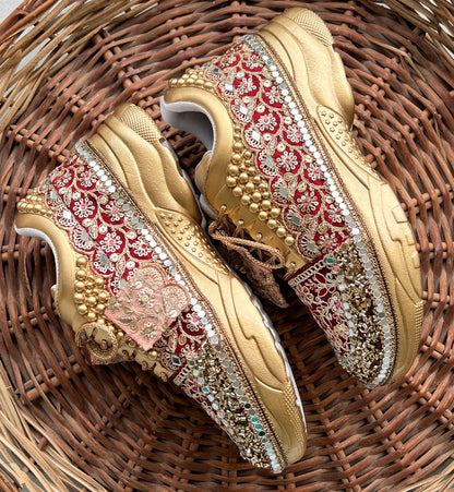 Funky N Trendy Maroon & Gold embroidery work bridal sneakers/ bridesmaid sneaker / golden sneakers/ Maroon sneakers / gold shoes