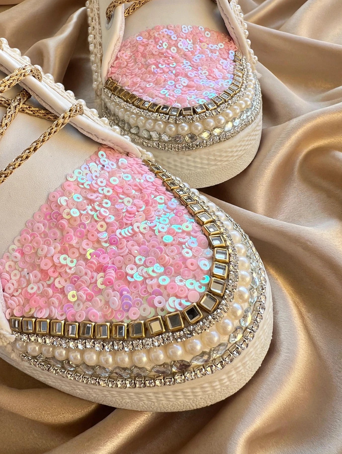 Funky N Trendy ivory and pink embroidery work bridal sneakers/ bridesmaid sneaker / golden sneakers/ pink sneakers / sequine work sneakers/ pink shoes