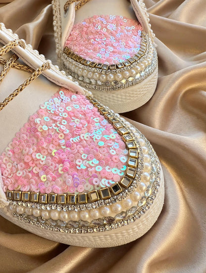 Funky N Trendy ivory and pink embroidery work bridal sneakers/ bridesmaid sneaker / golden sneakers/ pink sneakers / sequine work sneakers/ pink shoes