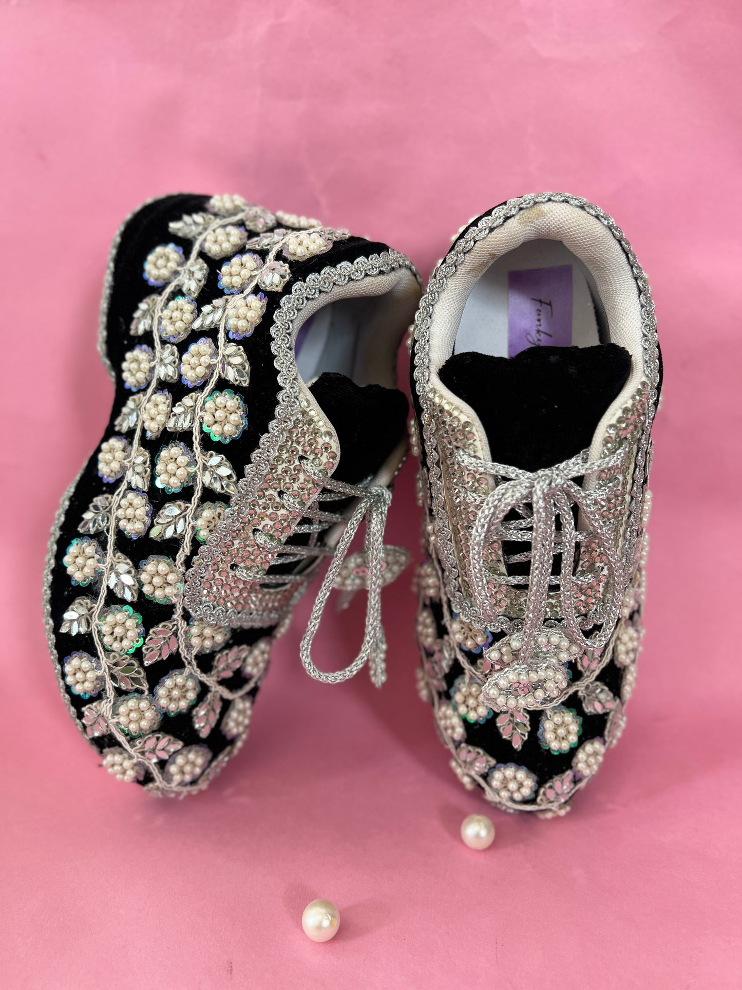 Funky N Trendy handcrafted hand embroidered mirror work bridal sneakers/ bridesmaid sneaker / black sneakers /black boho sneakers/ black shoes / women shoes