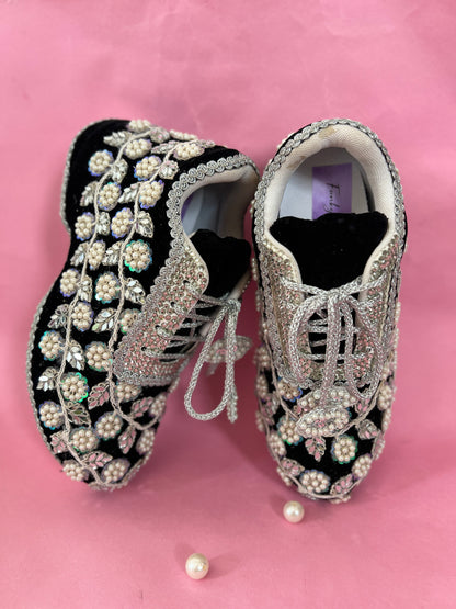 Funky N Trendy handcrafted hand embroidered mirror work bridal sneakers/ bridesmaid sneaker / black sneakers /black boho sneakers/ black shoes / women shoes