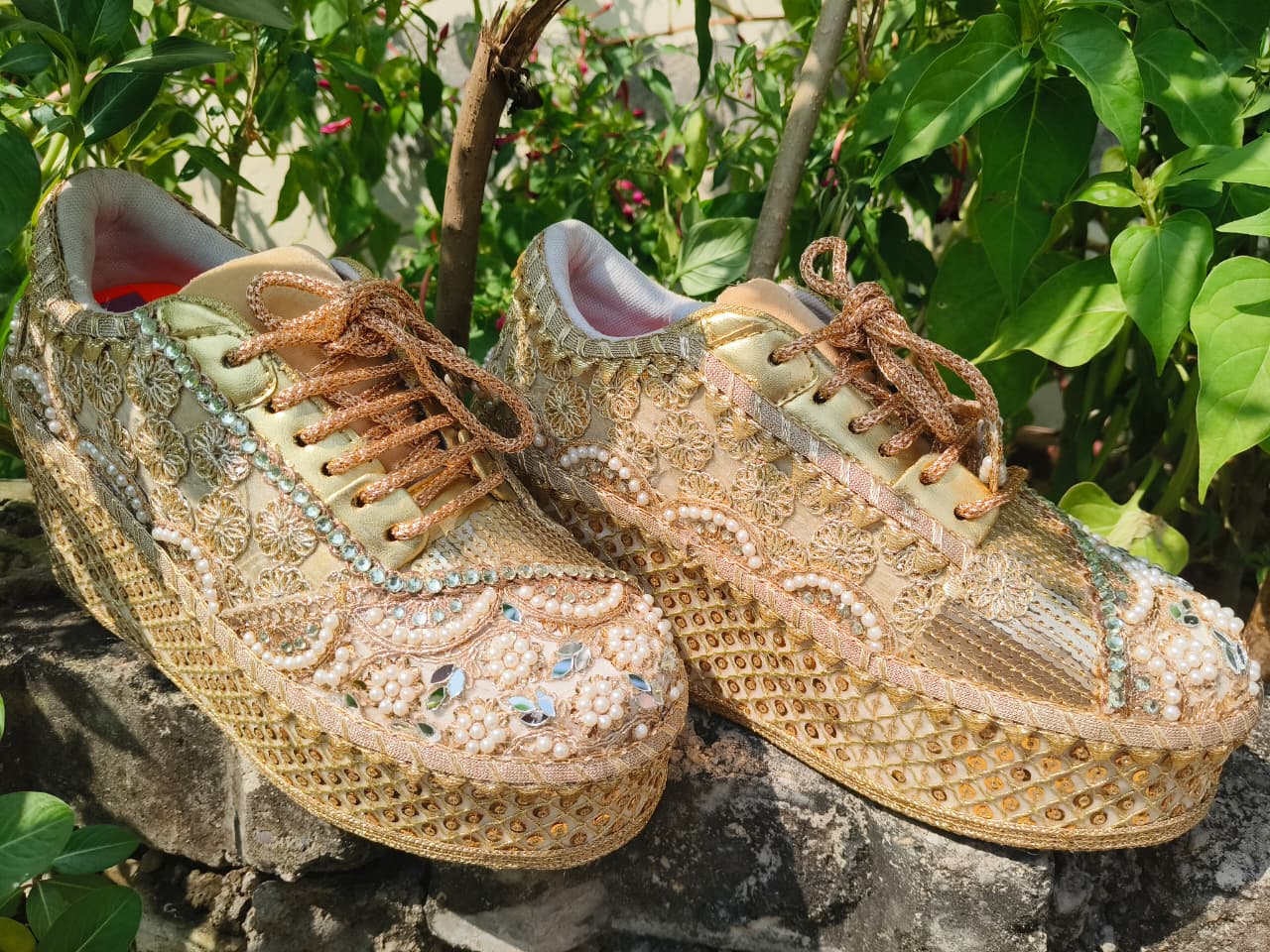 FUNKY N TRENDY Gold bridal sneakers - wedge sneakers heeled sneakers/ golden sneakers