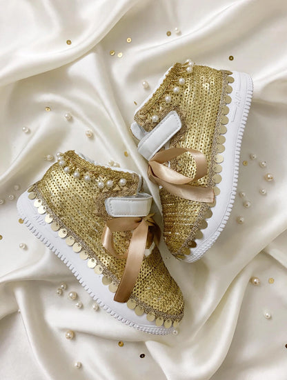 Funky N Trendy purple gold sequine work sneakers/kids sneakers/ embroidery shoes / kids shoes/ gold sneakers / gold shoes for kids/handmade sneakers for kids