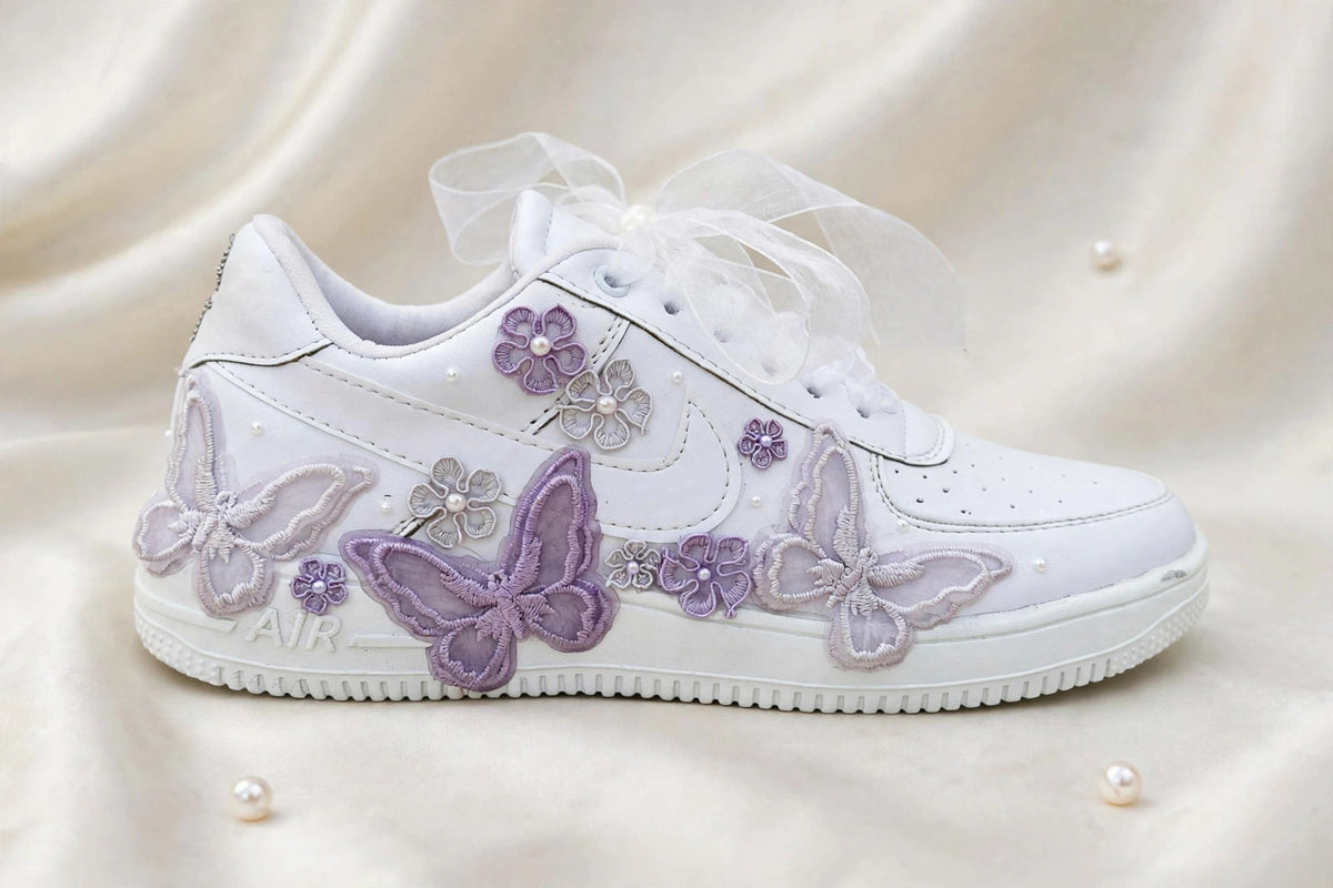 Butterfly Dreams - Lavender Bridal Wedding Sneakers | Made To Order | Custom name initials , wedding date
