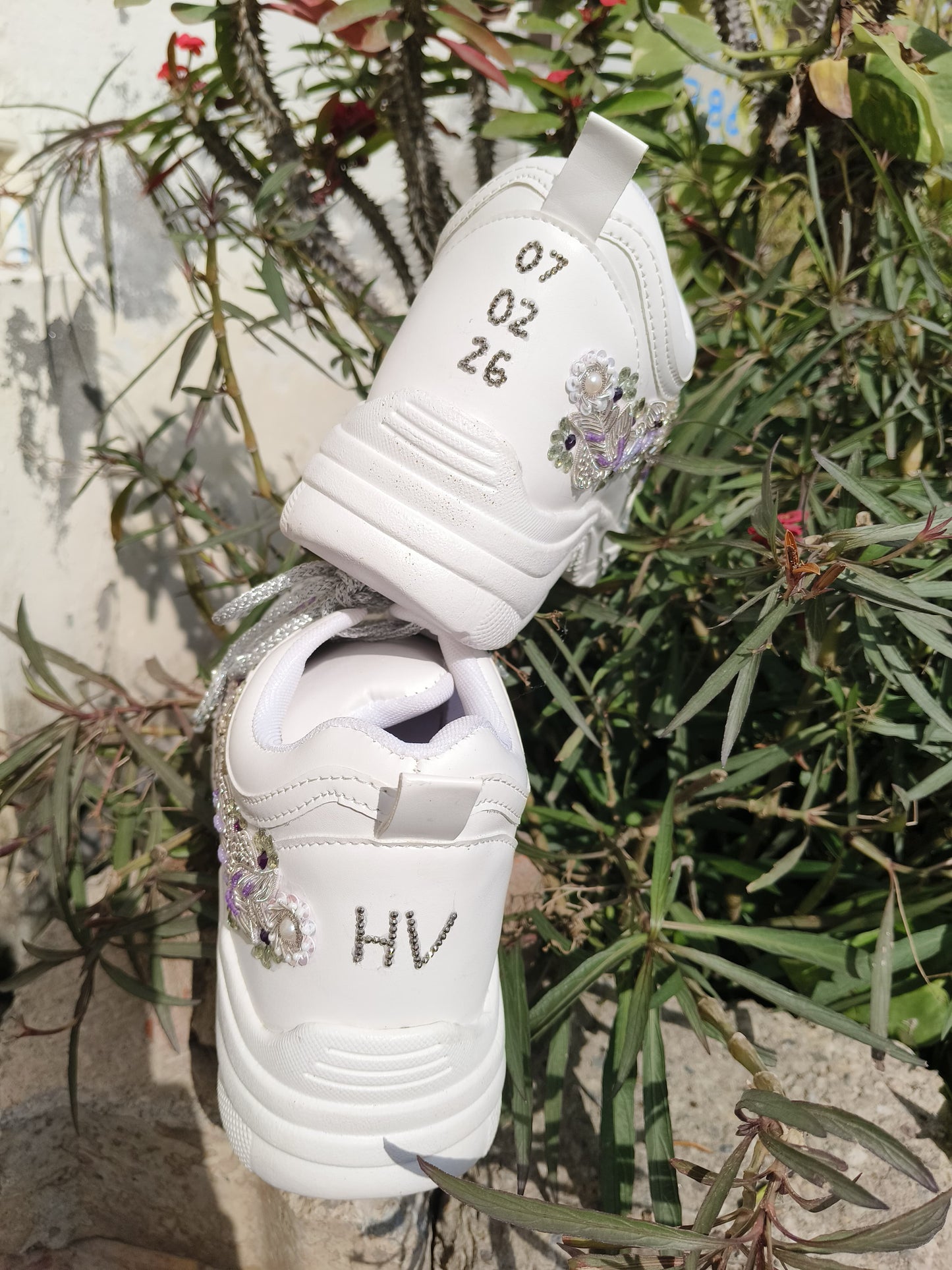 Funky N Trendy embroidery work bridal sneakers/ bridesmaid sneaker / silver sneakers/ purple shoes /name and wedding date customization