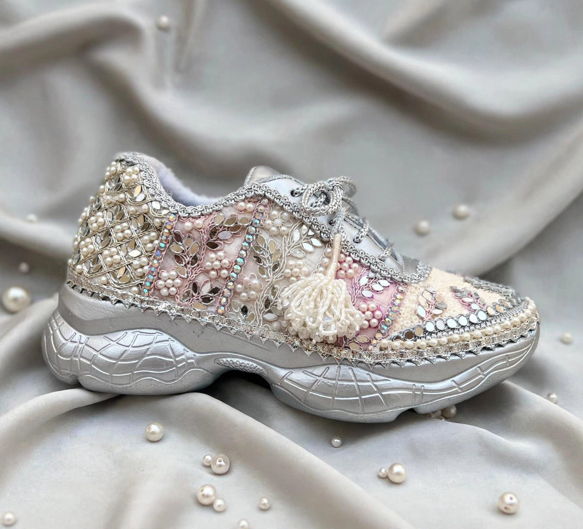 Ivory Blossom - Pearl & Mirror Work Lavender Silver Bridal Sneakers with Latkans