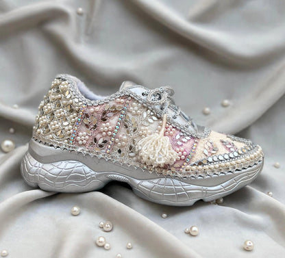 Ivory Blossom - Pearl & Mirror Work Lavender Silver Bridal Sneakers with Latkans