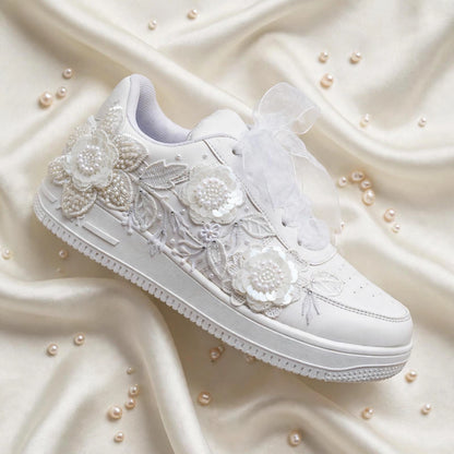 ELARA - Handcrafted White Floral Pearl Bridal Sneakers with Organza Ribbon Laces