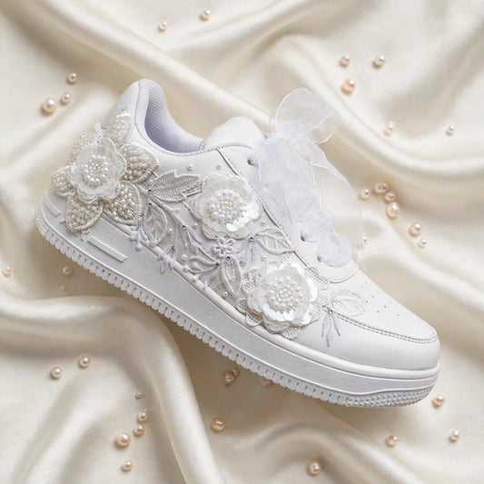 ELARA - Handcrafted White Floral Pearl Bridal Sneakers with Organza Ribbon Laces