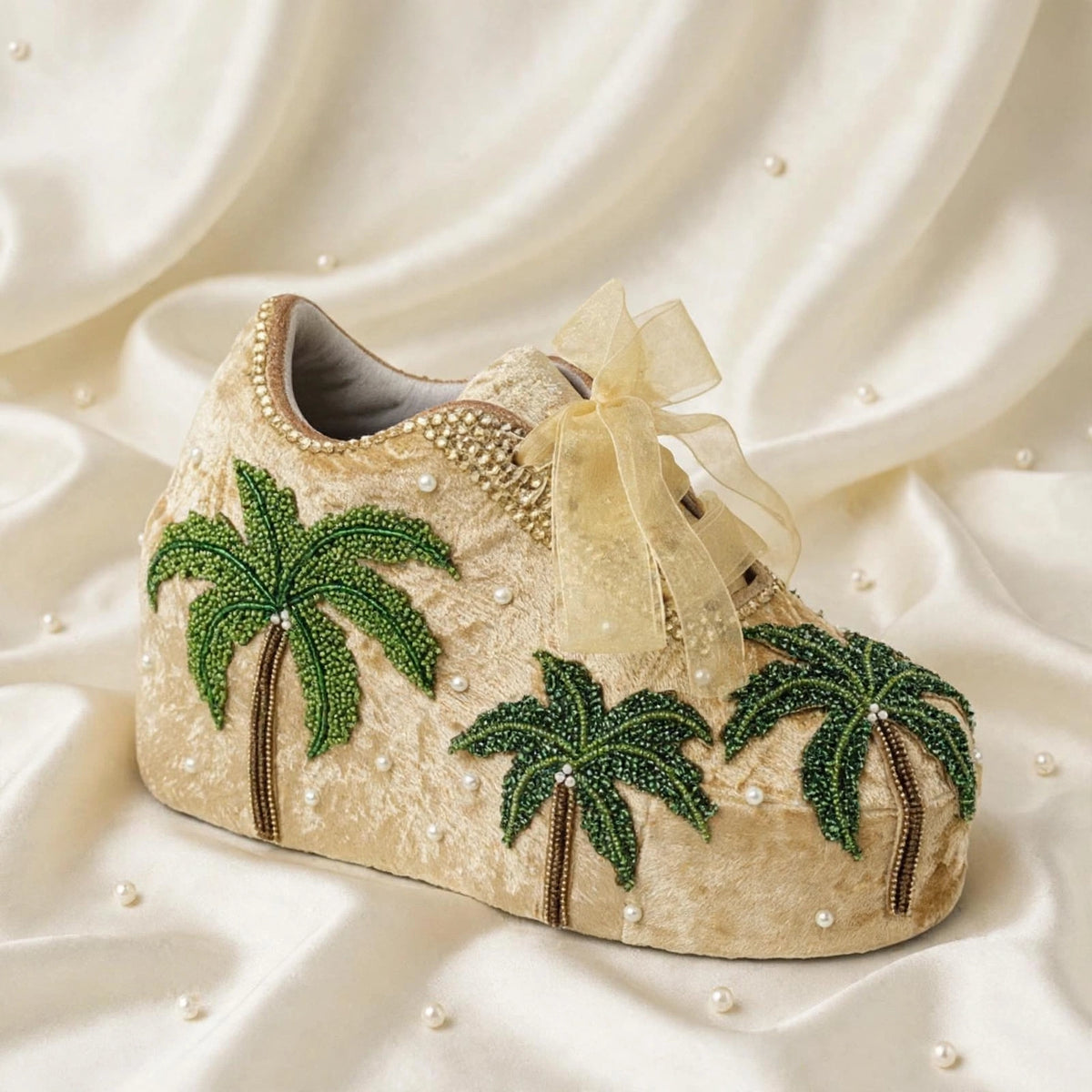 FUNKY N TRENDY Hand embroidered Tree theme sneakers - wedge sneakers heeled sneakers/ gold sneakers