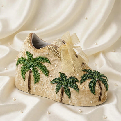 FUNKY N TRENDY Hand embroidered Tree theme sneakers - wedge sneakers heeled sneakers/ gold sneakers