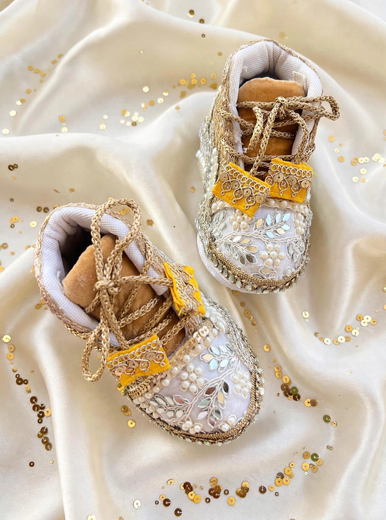 Aaira - Ivory & Gold Baby Girl Ethnic Sneakers | Pearl & Mirror Work First Birthday Shoes