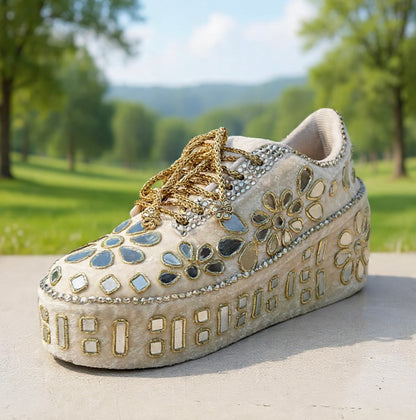 FUNKY N TRENDY Hand embroidered Mirror sneakers - wedge sneakers heeled sneakers/ gold sneakers/ ivory beige sneakers