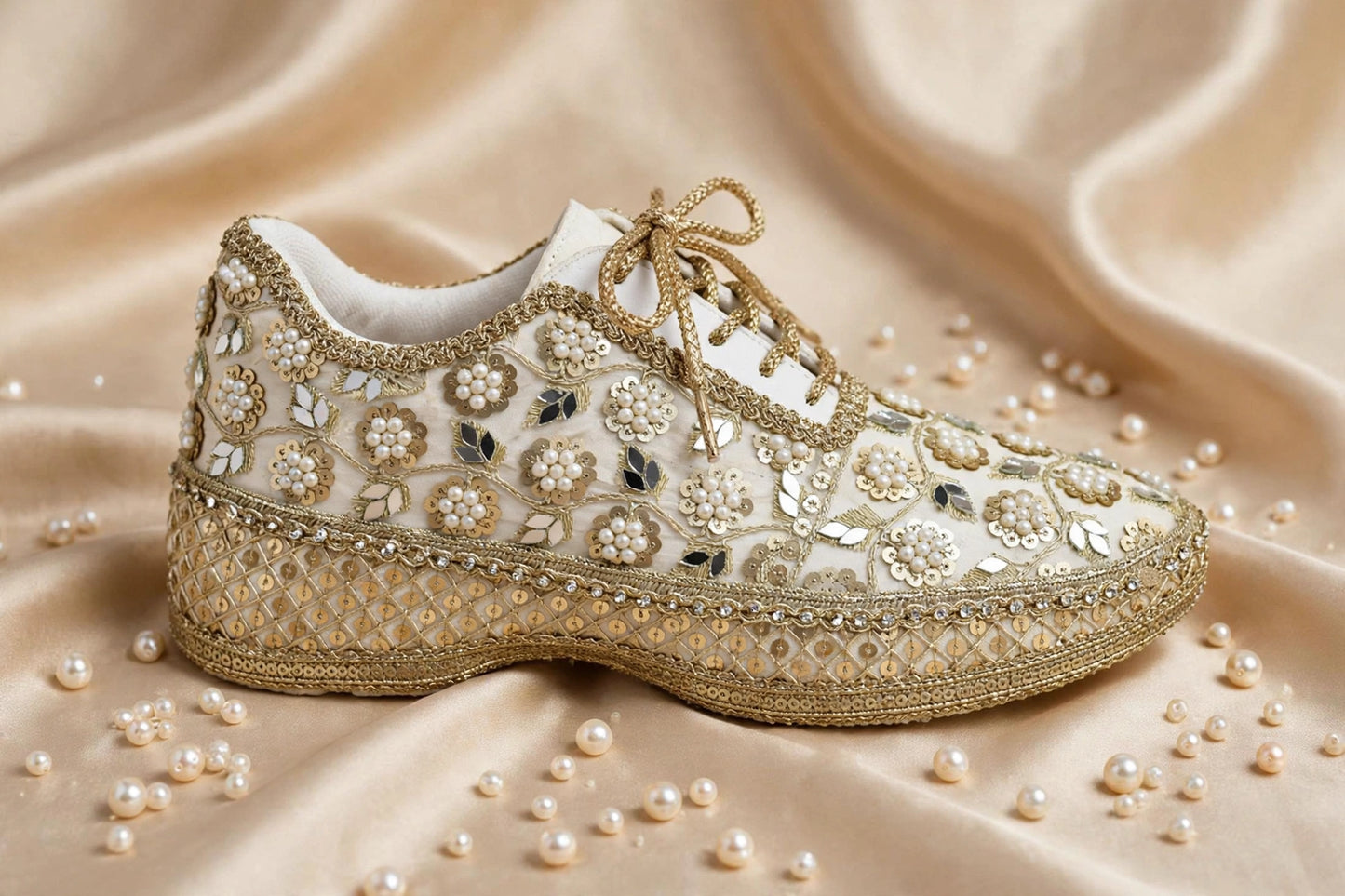 Mirror leaves Pearl blossom Dull gold/ beige Bridal Sneakers – Floral Embroidery” / gold sneakers /ivory sneakers/peach sneakers