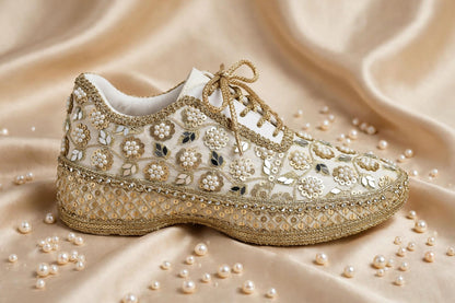 Mirror leaves Pearl blossom Dull gold/ beige Bridal Sneakers – Floral Embroidery” / gold sneakers /ivory sneakers/peach sneakers